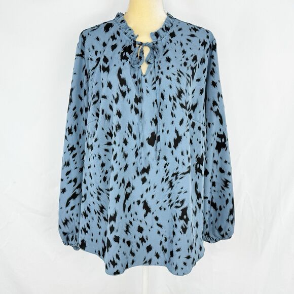 Womens Plus Size 3XL Allover Print Tie Neck Blouse Long Sleeves Dusty Blue - Picture 2 of 16